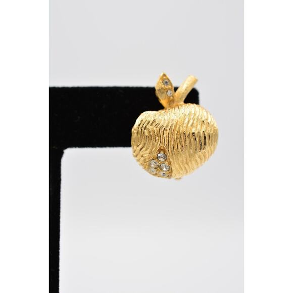 Givenchy Vintage Clip On Earrings Apple Rhinestone Brushed Gold Signed 80s BinQ - Picture 7 of 12
